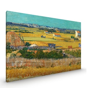 May include: A painting depicting a rural landscape with a field of wheat in the foreground. The field is bordered by a wooden fence and several figures are working in the field. In the background, there are several houses and a hill. The sky is blue and there are clouds in the distance.