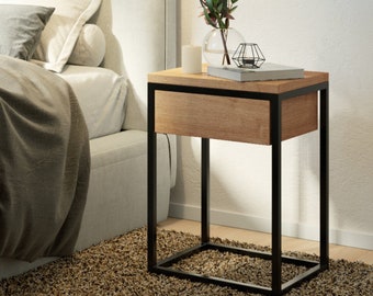 Moderner Nachttisch mit Schublade, Nachttisch aus Holz mit Schublade, Schwarzer Nachttisch, Industrieller Nachttisch