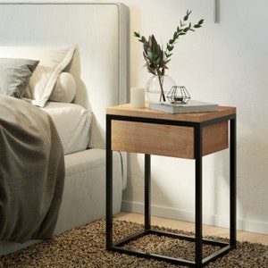 Industrial Metal and Oak Bedside Table with Drawer - European Nightstand Furniture