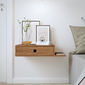 European Oak Floating Bedside Table with Right-Side Shelf - Farmhouse Nightstand