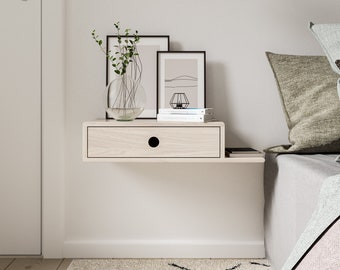 European Oak Wall Mounted Nightstand with Right Shelf - White Bedside Table