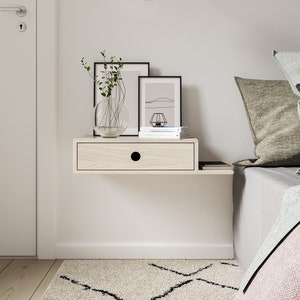 European Oak Wall Mounted Nightstand with Right Shelf - White Bedside Table