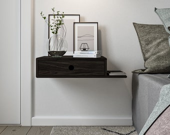 European Birch Floating Nightstand with Right Shelf - Modern Black Farmhouse Bedside Table