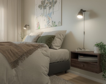 Rustikale Eleganz: An der Wand befestigter schwebender Nachttisch aus Walnussholz – funktionaler Landhaus-Charme und Aufbewahrungslösung für Dein Schlafzimmer
