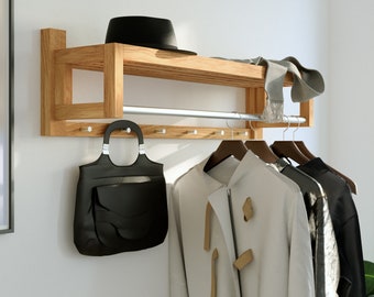 European Oak Entryway Coat Rack with Shelf - Wooden Organiser (5 Hooks) and Silver Metal Rail