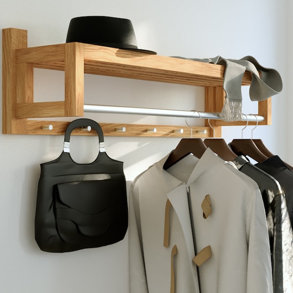 Moderne Wandgarderobe, Flurgarderobe, Kleiderablage, Hängeregal, Wandregal mit Hakenleiste