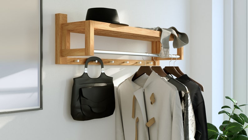 Contemporary European Oak Coat Rack Modern Wall-Mounted Wooden Hanger Entryway Organiser Furniture image 1