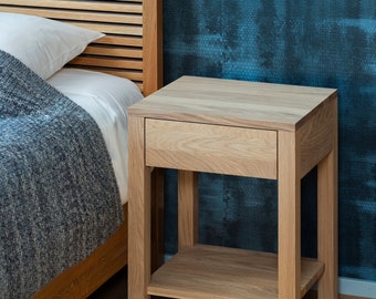 Solid Oak Bedside Table with Drawer - Rustic Wooden Nightstand - European Bedroom Furniture