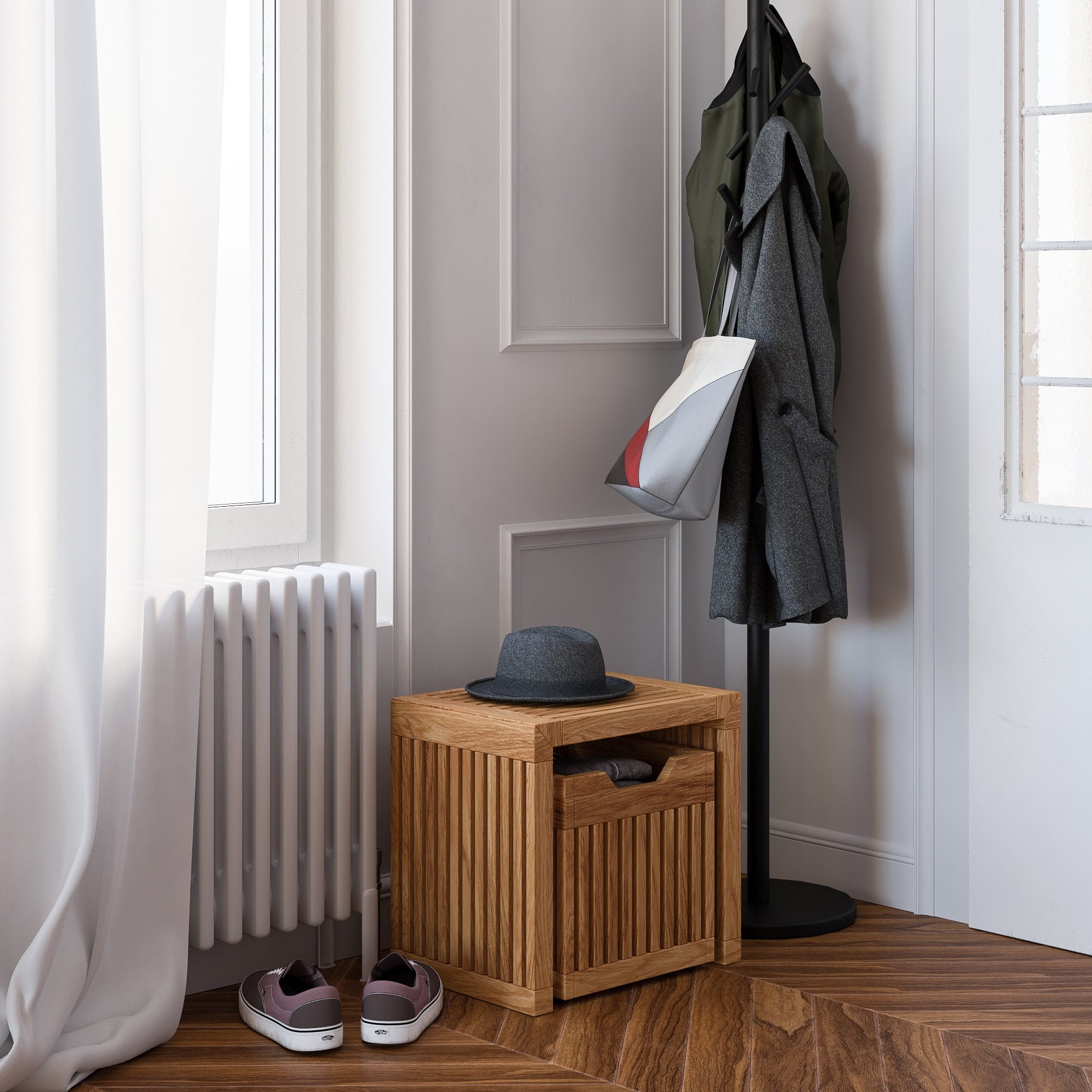 banc d'intérieur en bois rustique, organisateur bois, banc d'entrée chêne, tiroir de ferme scandinave, coffre à jouets bois