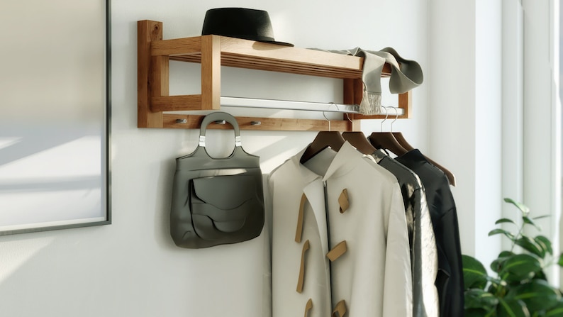 Contemporary European Oak Coat Rack Modern Wall-Mounted Wooden Hanger Entryway Organiser Furniture image 7