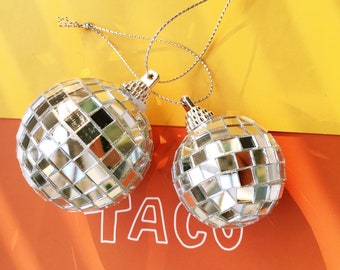 Disco Balls DIY supplies bulk 1.5'', 2'', 3'', 4'' Silver Christmas Tree Ornaments Hanging Mirror Ball 70's party favor Small Medium Size