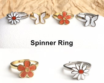 Anxiety Ring Spinner, Daisy butterfly Spinning Rings Set, Fidget Ring, Trendy Gift for Women Her, Silver Gold Open ring Christmas Gifts