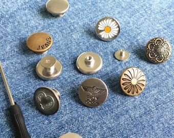 15 Metal Buttons With Rose, 17mm, No Sew Tack Button, Bronze Tone Metal,  Jean Jacket Button, Flower, Sewing Supply, Denim Repair 