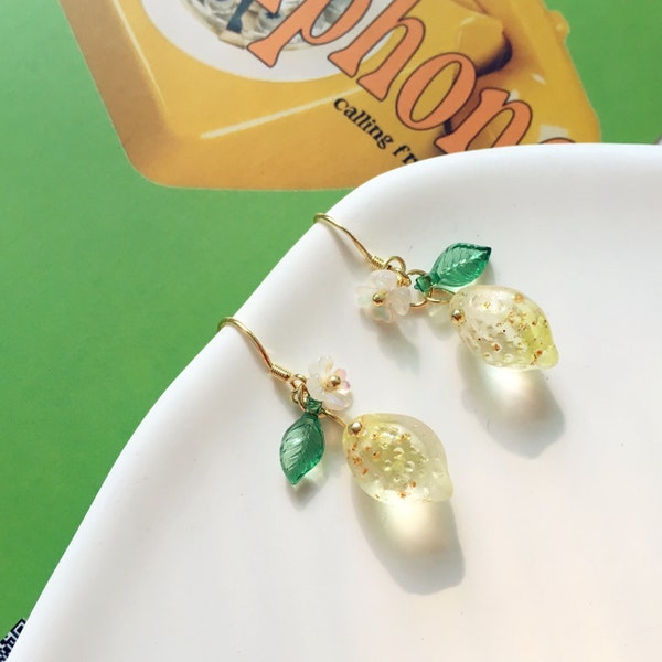 Cute Fruit Earrings, Lemon Drop Earrings with Flower Green Leaf, Food Earrings, Unique Gift for Her, S925 Silver Needle Hypoallergenic