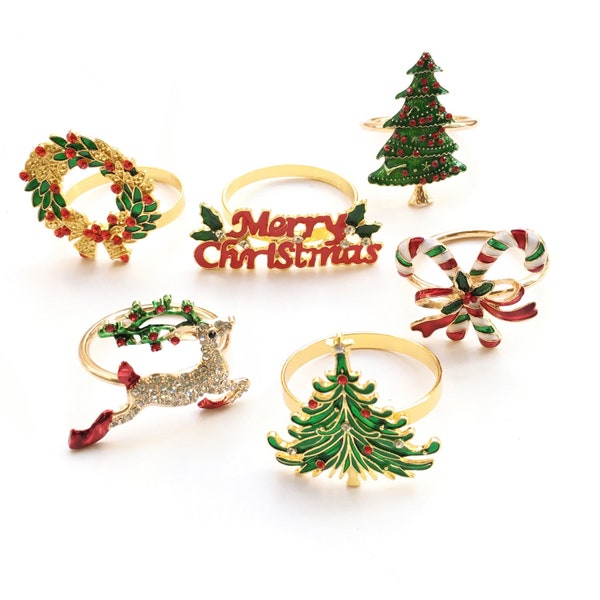 Napkin Rings Christmas Set of 6, Rhinestone Elk Christmas Tree Napkin Ring, Napkin Holder Ring for Thanksgiving Party Dinner Table Decor