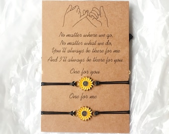 Matching Sunflower Bracelets,Adjustable Braided Set of 2,Minimalist Charm Bracelet for Couples Best Friends Girls Mother Daughter,Wish well