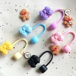 handmade Initial Straw Cover Cap Topper Stanley Cup Accessories Charm Reusable Silicone Straw Tip Lid for 30&40Oz Tumbler 9mm Straw, Bow
