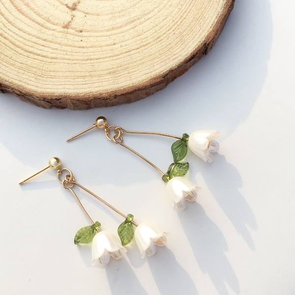 Lily of the Valley dangle earrings, Fairy Earrings Jewelry, Unique Gift For Her, S925 Silver Needle, Retro Elegant Leaf Flower Earrings