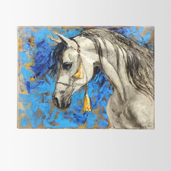 Original Arabian Horse Oil Painting | Blue & Gold Equestrian Art