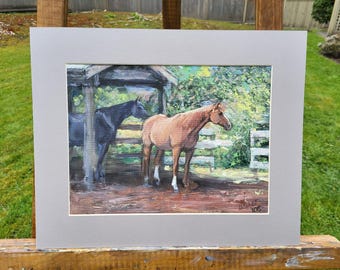 Serenidad Equina: Paisaje original de caballos, escena rural, pequeña pintura acrílica de 30 x 23 cm.