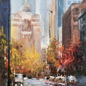 May include: An oil painting of a city street scene with tall buildings and autumn trees. The artwork features a muted color palette of browns, yellows, and blues, with reflections on the wet street. Signed "Natali BT 2024".