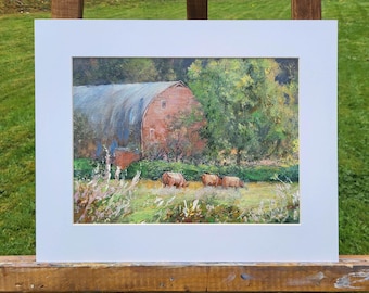 Pastizal de otoño – Pintura de paisaje original, arte de granero rojo, escena de granja, pequeña pintura acrílica de 9x12