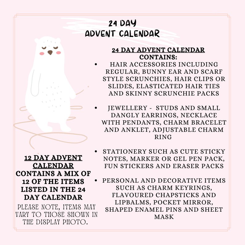 Girls Advent Calendar 24 Day Advent Calendar 12 Day Advent Etsy