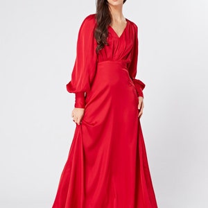 Valeria Scarlet Red Satin Luxury Maxi Dress With Long Sleeves