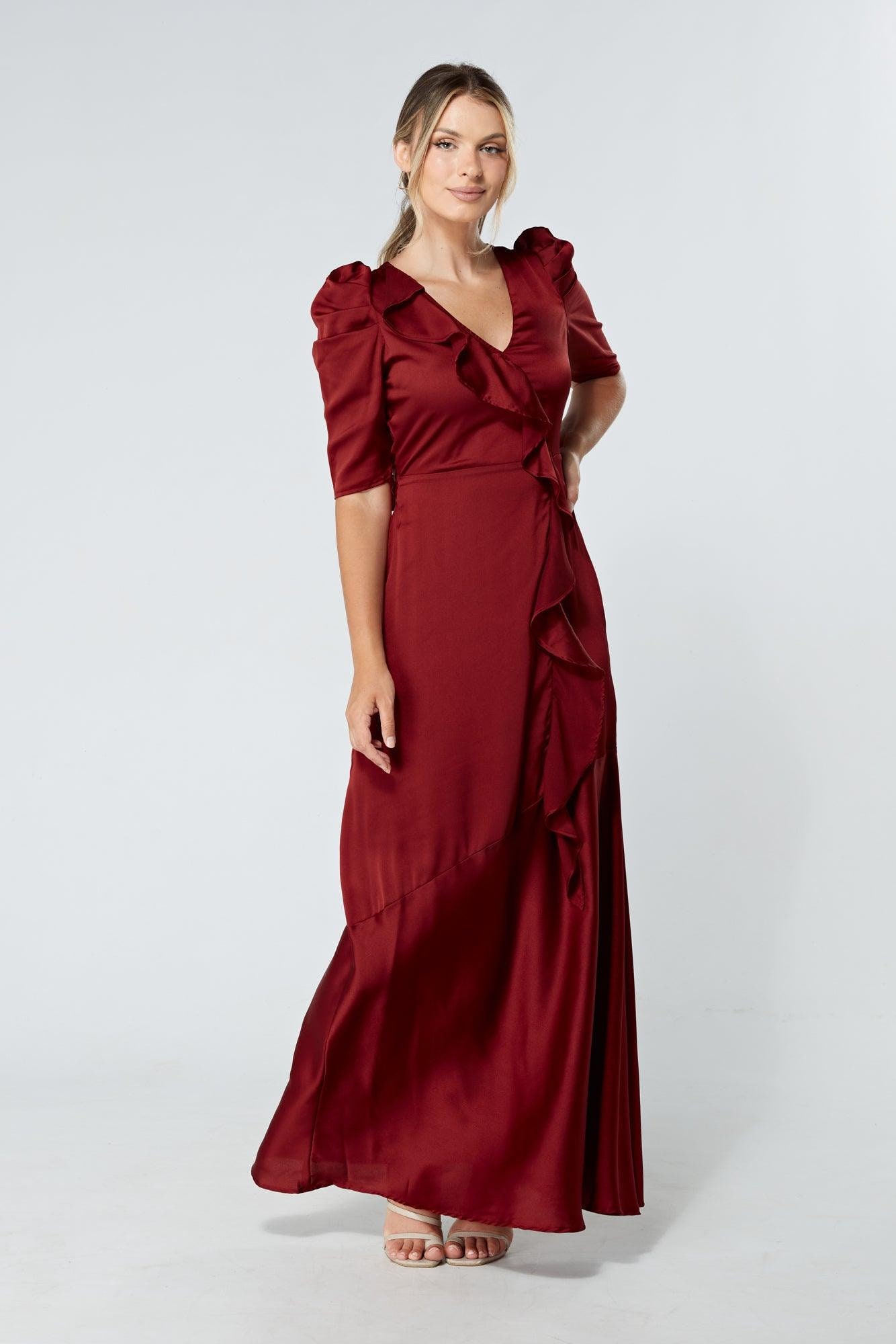 Daisy Copper Red Satin-feel Crepe Maxi Dress With Ruched