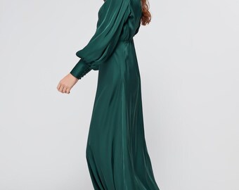 Layla Emerald Green Satin Maxi Dress with Long Sleeves