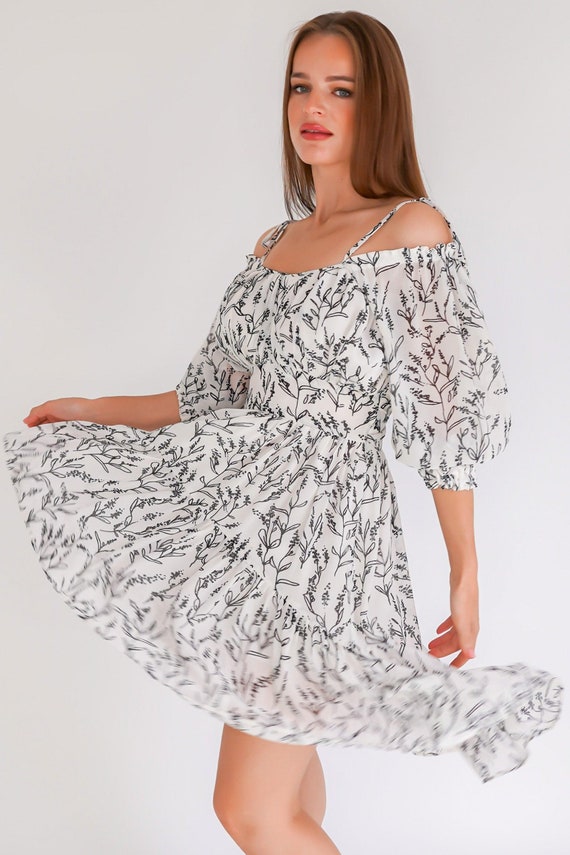 White floral top bardot dress