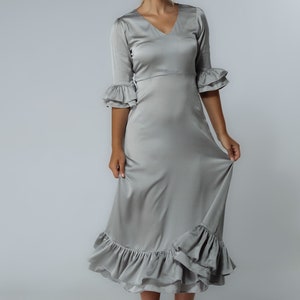Francesca Frilled Hem Satin-Feel Silver Midaxi Dress