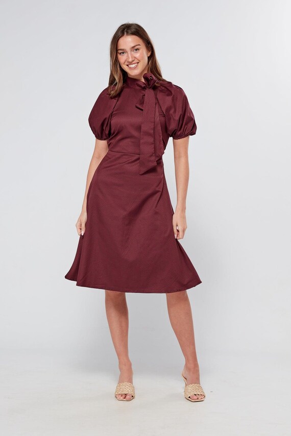 knee length dresses for ladies FLORAL TRIM HIGH NECK SHORT SLEEVE DRESS main image 0