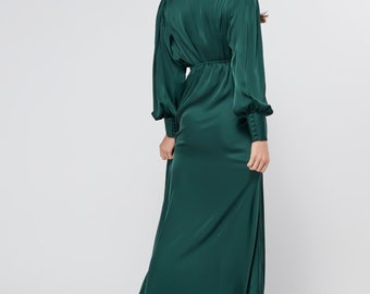 slim fit dress slacks Front Twist Satin Dress – Long Sleeve Satin Maxi in Emerald Green Small / Satin / Emerald