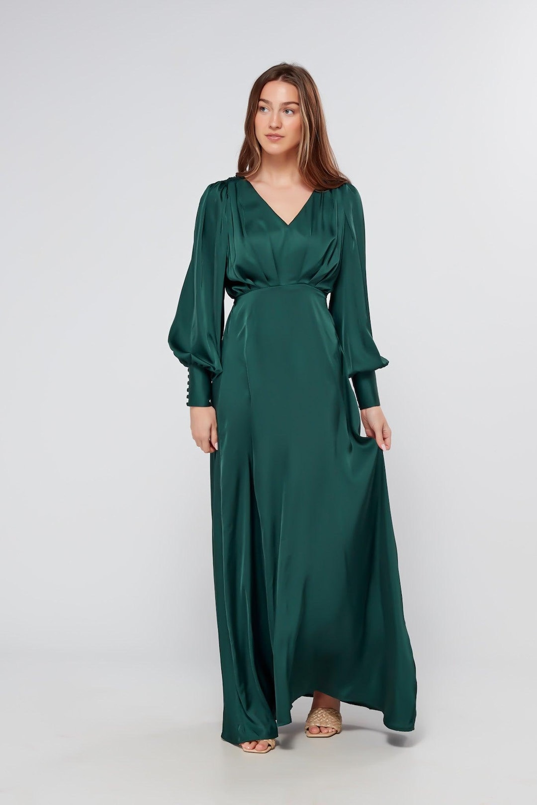 Green Wrap Dress Dark Green Dress Midi Layla Emerald Green Satin Maxi Dress  With Long Sleeves