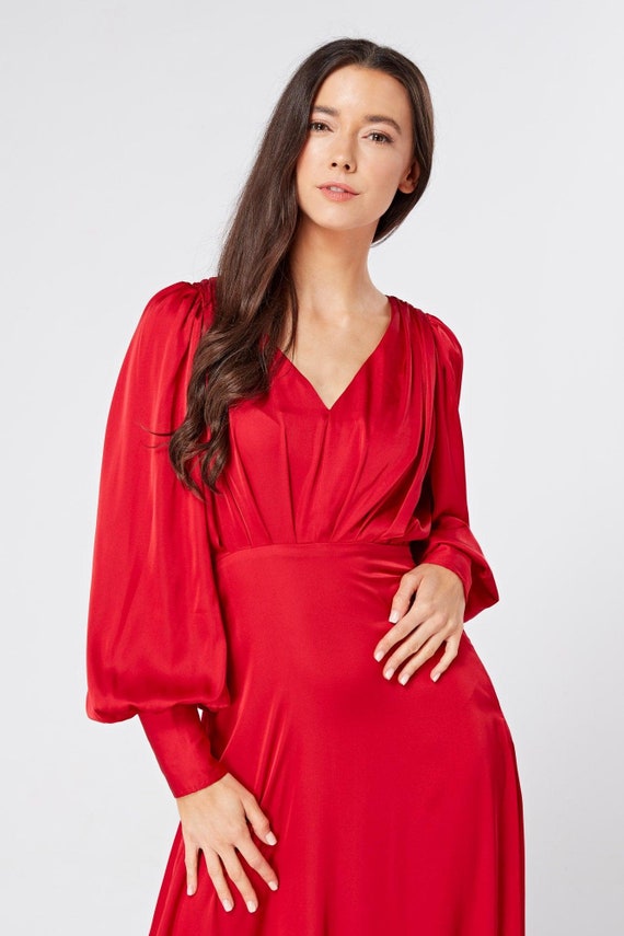 Valeria Scarlet Red Satin Luxury Maxi Dress With Long Sleeves