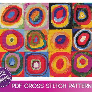 Kandinsky Color Study Cross Stitch Patrón PDF - Cuadrados abstractos y círculos concéntricos Patrón de punto de cruz - Descarga instantánea