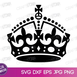 May include: Black and white silhouette of a king's crown with a cross on top. The crown has a rounded top and is decorated with fleur-de-lis and jewels.