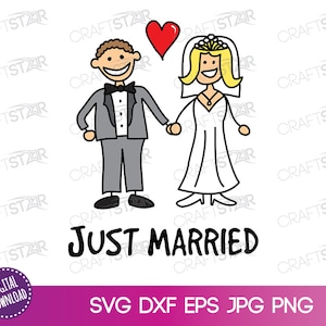 Just Married Bride And Groom Cartoon SVG - Cute Wedding Clipart for Print, Cut or Sublimation Print