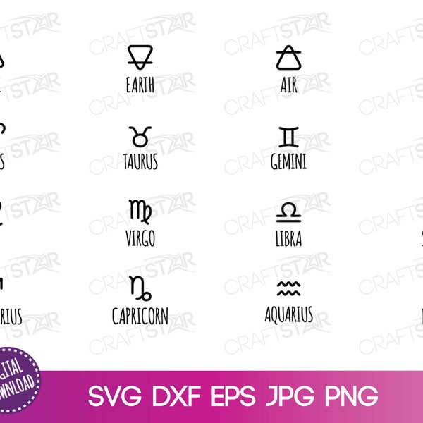 Zodiac Symbols and Elements SVG bundle for Cricut or Silhouette - Star Sign Symbols Clipart Set - Print, Cut, Sublimation
