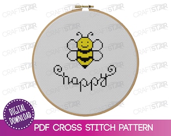 Bee Happy Cross Stitch Pattern: Beginner Embroidery (PDF Pattern)