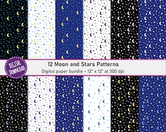Paquete de papel digital con estampado de luna y estrellas (descarga digital)