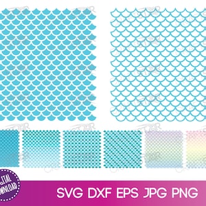 May include: A set of digital download files for mermaid scale patterns. The patterns are in blue, green, and rainbow colors. The files are in SVG, DXF, EPS, JPG, and PNG formats.