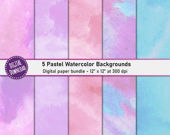 Watercolor Background Digital Paper Pack - 5 Pastel Watercolor Texture Digital Paper PNGs - Watercolor Background Scrapbook Paper