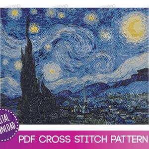 Starry Night Cross Stitch PDF Pattern - Van Gogh Counted Cross Stitch Pattern - Instant Download
