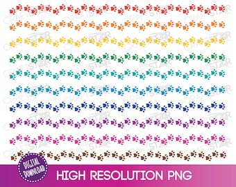 May include: Ten rows of paw prints in different colors, including red, orange, yellow, green, blue, purple, pink, and brown. The paw prints are arranged in a wavy pattern and are set against a white background. The text "HIGH RESOLUTION PNG" is at the bottom of the image.