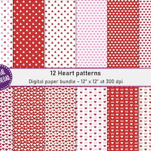 Valentine Hearts Digital Paper Pack - 12 Heart Pattern Digital Papers - Digital Scrapbook Paper - Instant Digital Download