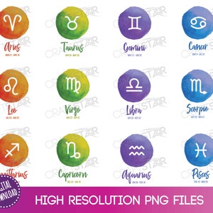 Aquarel Star Sign PNG bundel - Zodiac Symbolen Clipart Set - 26 x Print, Cut, Sublimatie bestanden voor Cricut / Silhouet