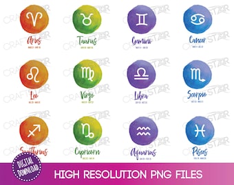 Watercolor Zodiac Sign PNG Clipart Set: Cricut & Sublimation Files (Digital Download)