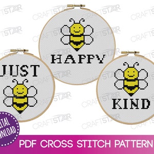 Bee Quote Cross Stitch PDF Pattern x 3 - Beginner - Mini Counted Cross Stitch Bee Patterns - Just Bee, Bee Happy, Bee Kind